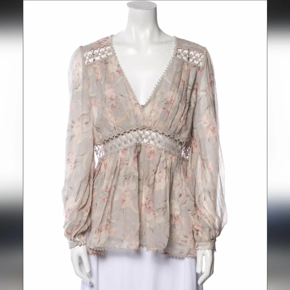 Zimmermann Iris Floral Eyelet Pink Grey Dusty Pastel Silk Lace Trim Blouse Sz 3 - Picture 6 of 13